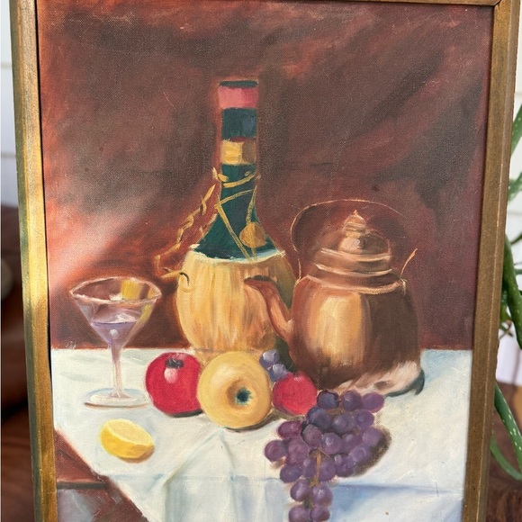 Vintage 1989 Still Life Painting Fruit and Italian Wine Decanter & Kettle - Picture 6 of 13